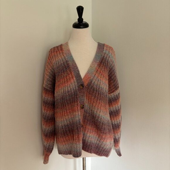 Sundance Northern Lights Cardigan L Pink Purple Wool Ombre Stripe‎ Chunky Rib - Picture 1 of 12